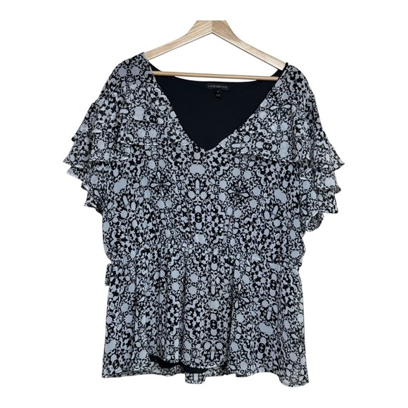 Lane Bryant Black & White Print Ruffle Sleeve V Neck Cinched‎ Blouse Top size 18 - Picture 2 of 8